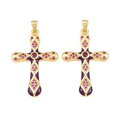 Púrpura Micro latón allanan colgantes cúbicos del zirconia, con esmalte, encantos cruzados, sin plomo y cadmio, chapado en rack, larga duración plateado, real 18 k chapado en oro, púrpura, 37.5x24.5x3.5 mm, agujero: 3x5 mm