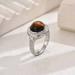 Тигровый глаз Регулируемые кольца из латуни с натуральным тигровым глазом для женщин, круглые, платина, внутренний диаметр: 16мм~19мм