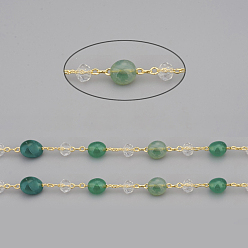 Natural Agate Handmade Natural Green Agate Beaded Chains, with Rondelle Glass Beads and Brass Cable Chains, Long-Lasting Plated, Unwelded, with Spool, Nuggets, Golden, Link: 2.5x1x0.3mm, Gemstone Beads: 6~12x6~6.5x4~4.5mm, Glass Beads: 4x3mm, about 32.8 Feet(10m)/roll
