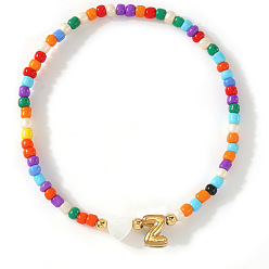 Letter Z Красочные круглые браслеты из стеклянного бисера, эластичные, 304 Браслеты из нержавеющей стали с подвесками в виде ракушек для женщин, письмо и сердце, золотые, Письмо Z, 6.89 дюйм (17.5 см)