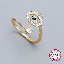 Настоящее золото 18K Женские кольца-манжеты с открытым глазом и кубическим цирконием, 925 ювелирные изделия из стерлингового серебра, реальный 18 k позолоченный, внутренний диаметр: 17 мм