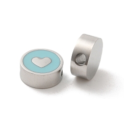 Небесно-голубой 304 из нержавеющей стали эмаль бисер, плоско-круглые с сердцем, цвет нержавеющей стали, голубой, 8x3 мм, отверстие : 1.8 мм