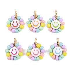 (52) Непрозрачная лаванда Подвески из стекла и акрила, цветок с улыбающимся лицом, с медной проволокой, разноцветные, 16~17x13x3.5 мм, отверстие : 3 мм