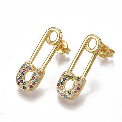Golden Brass Micro Pave Cubic Zirconia(Random Mixed Color) Ear Studs, with Ear Nuts, Safety Pin Shape, Golden, 22x8mm, Pin: 0.6mm