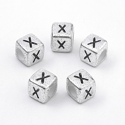 Letter X Покрытие акриловыми шариками, горизонтальное отверстие, куб с письмом, античное серебро, letter.x, 6 мм, отверстие : 3 мм, Около 3000 шт / 500 г