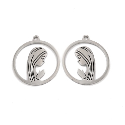Stainless Steel Color Non-Tarnish 304 Stainless Steel Pendants, Flat Round with Girl Charm, Stainless Steel Color, 20x18x1mm, Hole: 1.5mm