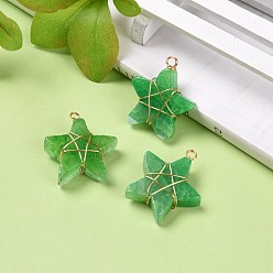 Green Natural Agate Pendants, with Real 18K Gold Plated Tone Brass Wire Wrapped, Dyed, Star, Green, 29.7x27.2x10.5mm, Hole: 2.9mm