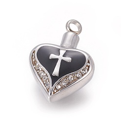 Schwarz 304 Edelstahl Anhänger, mit Emaille und Strass, Parfüm-Flasche, Herz mit Kreuz, Schwarz, 33x22.5x11 mm, Bohrung: 4 mm