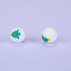 Lime Christmas Printed Round with Christmas Tree Pattern Silicone Focal Beads, Lime, 15x15mm, Hole: 2mm