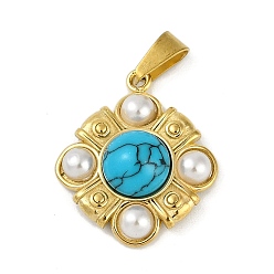 Золотой Ионное покрытие (ip) 304 кулон из нержавеющей стали, с синтетической бирюзой и АБС-пластиком, ромб, золотые, 21.5x19x5.5 мм, отверстие : 2.5x6 мм