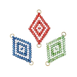 Color mezclado Encantos del conector de cuentas de semillas de vidrio, enlaces de rombo, con tono dorado 304 trabillas de acero inoxidable, color mezclado, 27.5x18.5x2 mm, agujero: 2.5 mm