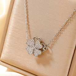 Платина Женские кулоны с клевером ко Дню Святого Патрика из латуни с микропаве из прозрачных кубических цирконий, платина, 15.75 дюйм (40 см)