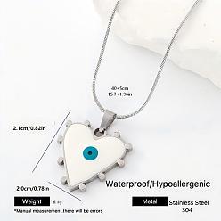 White 304 Stainless Steel Enamel Evil Eye Heart Pendant Necklaces for Women, Stainless Steel Color, White, 15.75 inch(40cm)