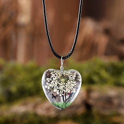 Белый Подвеска в форме сердца из стекла с сушеным цветком и деревом внутри, ожерелья из черного вощеного шнура, белые, 17.32 дюйм (44 см)