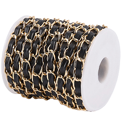 Black Oxidation Aluminum Rope Chains, with PU Imitation Leather, Unwelded, with 1Pc Plastic Empty Spools for Wire, Black, 8x4mm, about 10Yards