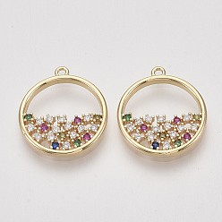 Colorful Brass Micro Pave Cubic Zirconia Pendants, Flat Round, Nickel Free, Real 18K Gold Plated, Colorful, 17x15x2mm, Hole: 1mm