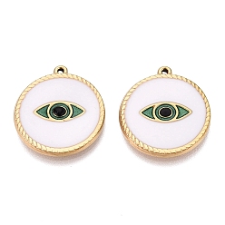 Mint Cream 303 Stainless Steel Enamel Pendants, Flat Round with Evil Eye Pattern Charms, Ion Plating(IP), Real 18K Gold Plated, Mint Cream, 21x19x2mm, Hole: 1mm
