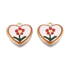 Green Valentine's Day Printed Alloy Pendants, Rack Plating, Heart & Flower Charms, Cadmium Free & Nickel Free & Lead Free, Golden, Green, 17x17.5x3mm, Hole: 1.6mm