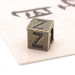 Letter Z Европейские бусины из антикварного бронзового сплава, бусины с большим отверстием, куб с письмом, Письмо Z, 7x7x7 мм, отверстие : 5 мм