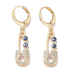 Blue Golden Brass Dangle Leverback Earrings, with Enamel and Cubic Zirconia, Safety Pin with Evil Eye, Blue, 36.5x8mm