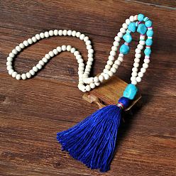 Синий Деревянные и синтетические бирюзовые бусины-самородки ожерелья мала с кисточкой для женщин, синие, 37.80 дюйм (96 см)
