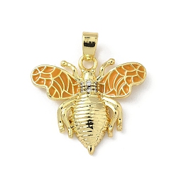 Оранжевый Латунные микро проложить кубического циркония подвески, с эмалью, прелести пчел, реальный 18 k позолоченный, оранжевые, 22.5x25.5x4 мм, отверстие : 4x3 мм