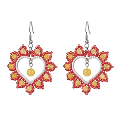 Красный 304 из нержавеющей стали болтаться серьги, со стеклянным семенем, сердце, цвет нержавеющей стали, красные, 55x42 мм