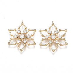 Настоящее золото 18K Латунные филигранные подвески, без никеля , реальный 18 k позолоченный, с кубического циркония, снежинка, прозрачные, 21.5x17.5x2.5 мм, отверстие : 0.9 мм