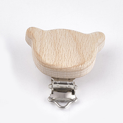 BurlyWood Beech Wood Baby Pacifier Holder Clips, with Iron Clips, Bear, Platinum, BurlyWood, 46x50x18mm, Hole: 3.5x6mm