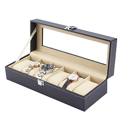 Black Imitation PU Leather Watch Presentation Boxes, with 6 Slots and Lint Pillows, Rectangle, Black, 30x11x8cm