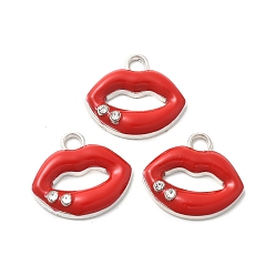 Платина Подвески из эмали и сплава, со стразами, губы прелести, платина, 15x17x3 мм, отверстие : 2.5 мм
