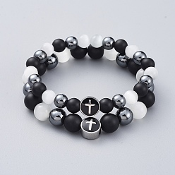 White Couple Stretch Bracelets, with Cat Eye, Natural Agate, Non-Magnetic Synthetic Hematite and 304 Stainless Steel Enamel Beads, with Burlap Bags, White, 5.5cm, 6cm, 2pcs/set