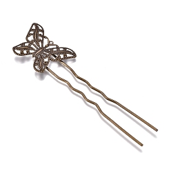 Antique Bronze Iron Hair Fork Findings, with Brass Butterfly Filigree Findings, Antique Bronze, 85.5x22x3mm, Butterfly: 30x20mm