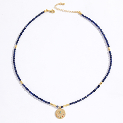 Ляпис-Лазурь Кулон из нержавеющей стали с изображением сглаза, граненые круглые бусы из натурального лазурита, окрашенные методом ионного напыления (IP)., золотые, 15.75 дюйм (40 см)