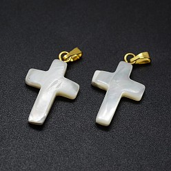 Золотой Подвески из раковины, с латунной фурнитурой , крестик, золотые, 19~23x11~13x3~5 мм, отверстие : 2x5 мм