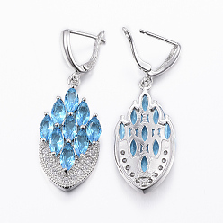Deep Sky Blue Brass Micro Pave Cubic Zirconia Jewelry Sets, Pendants & Hoop Earrings & Finger Rings, Marquise/Horse Eye, Platinum, Deep Sky Blue, Size 9(19mm), 38.5x17x5.5mm, Hole: 5.5x4mm, 49x17x5.5mm, Pin: 1mm