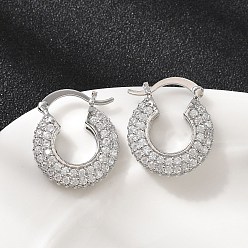 Платина Латунные плоские круглые серьги-кольца с микропаве из прозрачных кубических цирконий, без кадмия и без свинца, стойки покрытие, долговечный, платина, 22x19.5x5 мм