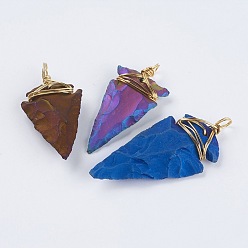 Indian Agate Electroplate Natural Indian Agate Pendants, with Brass Findings, Arrowhead, 42~54x21~24x5~8mm, Hole: 4mm