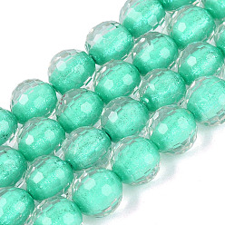 Aquamarine Resin Beads Strands, Bead in Bead, with Glass & Glitter Powder Inside, Round, Faceted(96 Facets), Aquamarine, 9~10mm, Hole: 0.7mm, about 49~51pcs/strand, 18.50~19.29 inch(47~49cm)