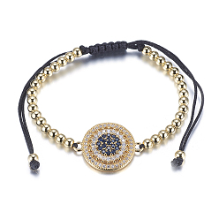 Золотой Регулируемые латунные плетеные браслеты из бисера, С нейлоновым шнуром и микропроводами с кубическим цирконием, без свинца и без кадмия, плоско-круглые, золотые, 1-3/4 дюйм (44 мм)