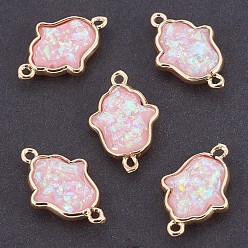 Pink Соединители из смолы, с латунной фурнитурой , hamsa рука / рука fatima / рука miriam, золотые, розовые, 20x13x4 мм, отверстие : 1~1.4 мм
