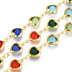 Разноцветный Латунные стеклянные цепи с сердечным звеном, пайки, с катушкой, золотые, красочный, 12~12.5x7.5x3 мм, около 32.81 футов (10 м) / рулон