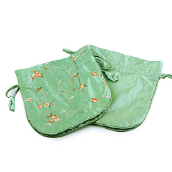 Medium Sea Green Retro Rectangle Cloth Drawstring Women Wristlets, with Handles, Embroidery Flower Pattern, Medium Sea Green, 21x20x6cm