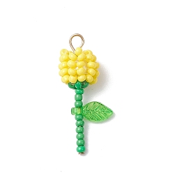 Желтый Круглый стеклянный бисер класса А акриловые цветочные подвески, 304 Штифты с плоской головкой из нержавеющей стали, желтые, 28.5x13x10 мм, отверстие : 3 мм