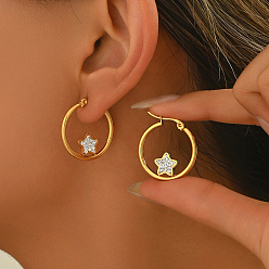 Звезда Стильный 201 из нержавеющей стали горный хрусталь серьги обруча, золотые, звезда, 22 мм