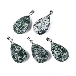 Камень с Зелеными Точками Натуральные зеленые пятна яшмы, слезинки, с защелкой из нержавеющей стали на поручнях, цвет нержавеющей стали, 28~32x14~16x8~10 мм, отверстие : 4.5x3.5 мм