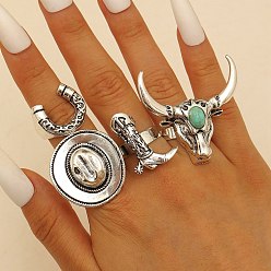 Античное Серебро 4 шт. синтетические бирюзовые манжеты с открытыми кольцами, с фурнитурой сплавочной тибетского стиля, античное серебро, внутренний диаметр: 17.5~19 мм