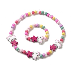 Единорог Комплект украшений из клена и акрила, колье и эластичный браслет из бисера для детей, единорог, браслет: внутренний диаметр: 1-3/4 дюйм (4.3 см), колье: 16-7/8 дюйм (42.8 см)
