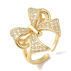 Настоящее золото 18K Открытые манжеты из латуни с бантом и микро-паве с прозрачным цирконием для женщин, реальный 18 k позолоченный, бант : 18.5x19 мм, регулируемый