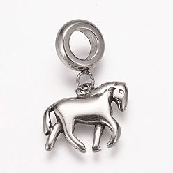 Antique Silver 304 Stainless Steel European Dangle Charms, Large Hole Pendants, Horse, Antique Silver, 22mm, Hole: 5mm, Pendant: 12x15x2mm